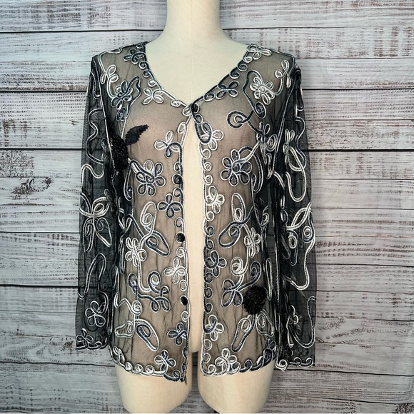 Vintage Tops - TC Fashion Black Blue Metallic Floral Sheer Mesh Top Whimsigoth Medium VTG NEW